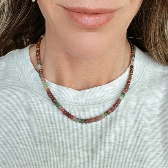 Gemstone Beaded necklace for FALL BEAUTIFUL Watermelon Tourmaline Necklace Gold - Picture 8 of 15
